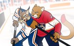 2024 anthro canada_lynx cougar duo edmonton edmonton_oilers felid feline felis florida florida_panthers hockey hockey_jersey hockey_stick hunter_lynx lynx male male/male mammal mascot nhl nicnak044 north_american_cougar pantherine sport stanley_c_panther