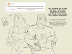 4:3 absurd_res age_difference anthro ask_blog austin_(zourik) clothing cougar cousins_(lore) duo felid feline football_gear football_uniform hat headgear headwear hi_res jacob_(zourik) letter line_art male mammal muscular muscular_male overalls photo sketch straw_hat text zourik