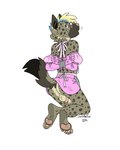 4:5 anthro arms_tied balls bartek22 bound butt clothed clothing crossdressing ear_piercing ears_up eyewear feet femboy genitals glasses hair hi_res hyena kneeling looking_at_viewer male mammal penis piercing pink_clothing ribbons solo tail