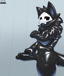 absurd_res anthro big_penis biped black_body black_skin canid canine canis changed_(video_game) conditional_dnp dripping erection genitals glistening glistening_body glistening_skin hair hand_on_penis hi_res humanoid_genitalia humanoid_penis latex male mammal mask masturbation neck_tuft nude penile penile_masturbation penis puro_(changed) savourysausages simple_background solo standing tuft wolf