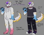 absurd_res anthro bigwetslapper canid canine canis clothed clothing collar colored daddog_(bigwetslapper) english_text fluffy hair handpaw hi_res male mammal model_sheet neck_tuft overweight overweight_anthro pastel_theme paws pedophilia_pride_colors solo sparklefur text torn_clothing tuft wolf