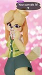 3d_(artwork) 9:16 alpha_channel animal_crossing anthro blender_(artwork) blender_cycles blonde_eyebrows blonde_hair blue_eyes bottomwear canid canine canis cardigan clothed clothing digital_media_(artwork) domestic_dog english_text eyebrows eyelashes female fluffy fluffy_tail fur furgonomics green_bottomwear green_clothing green_skirt green_uniform hair happy hi_res inspirational isabelle_(animal_crossing) isabelle_(highwizard) kippykip looking_at_viewer mammal monotone_bottomwear monotone_clothing monotone_skirt motivational_art motivational_poster motivational_speech nintendo one_leg_up open_mouth open_smile phone_wallpaper pink_background ponytail positive_message raised_leg simple_background skirt smile smiling_at_viewer solo speech_bubble tail tail_through_skirt text transparent_background wallpaper watermark yellow_body yellow_fur