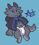 2024 ablibluble ambiguous_gender anthro blue_eyes bottomwear clothing digital_media_(artwork) female_(lore) grey_body grey_scales horn kobold loincloth looking_at_viewer pixel_(artwork) rotom_(ablibluble) scales scalie sitting solo