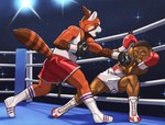 2024 absurd_res ailurid anthro bodily_fluids boots boxing boxing_gloves bra clothed clothing dcheese digital_media_(artwork) duo female fight fighting_ring footwear fur hair handwear hi_res human male mammal muscular muscular_male open_mouth red_panda saliva saliva_string shoes sport sports_bra tail underwear