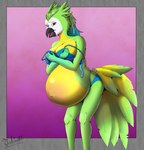 anthro avian beak belly big_belly clothing covering_up feathers female green_body green_feathers hi_res huge_belly lia_park_(character) lingerie looking_at_viewer navel open_beak open_mouth outie_navel pregnant simple_background solo underwear wardrobe_malfunction yellow_belly yukiashi