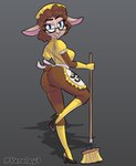 anthro blue_eyes bovid broom brown_body brown_fur butt caprine cleaning_tool clothing doomverse eyewear female footwear fur genitals glasses gloves handwear hi_res high_heels looking_at_viewer looking_back maid_uniform mammal oveja_(doomverse) pussy sheep shoes socks solo uniform yellow_clothing yellow_footwear yellow_socks yerolay