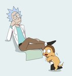 adult_swim canid canine canis cartoon_network clothing coat domestic_dog duo hi_res human humping humping_leg invisible_chair lab_coat looking_down male male/male mammal morty_smith rick_and_morty rick_sanchez rickxmortyseeds shadow simple_background sitting topwear what