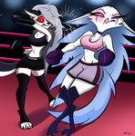 2024 49ersrule07_(artist) anatid angry anseriform anserinae anthro avian avian_demon bird boxing boxing_gloves boxing_shorts bra breasts canid canid_demon canine claws cleavage clothed clothing demon detailed_background duo female fighting_ring fur grey_body grey_fur grey_hair hair hair_over_eye handwear hellhound helluva_boss hi_res long_hair loona_(helluva_boss) mammal midriff mythological_canine mythological_creature mythology pink_eyes pink_sclera punch red_eyes red_sclera sport sports_bra standing stella_(helluva_boss) swan toe_claws toeless_legwear underwear white_body white_face white_fur white_hair wounded