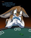 anthro blush catmonkshiro clean_diaper clothed clothing desperation diaper diaper_only english_text hi_res lagomorph laxative leporid male mammal omorashi poker poker_cards poker_chip poker_table rabbit solo text topless wearing_diaper worried