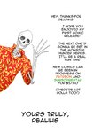 absurd_res advertisement bone clothing comic digital_media_(artwork) dress_shirt gesture hi_res looking_at_viewer not_furry patreon pen_(artwork) realius shirt skeleton subscribestar text topwear traditional_media_(artwork) waving waving_at_viewer