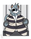 2020 absurd_res anthro big_breasts border breasts cleavage clothed clothing cuff_(restraint) curvy_figure domestic_ferret empty_eyes female fur grey_body grey_fur handcuffs hi_res huge_breasts kingretrokirby mammal metal_cuffs mouthless mustelid musteline pixile_studios prison_uniform prisoner restraints shackles solo super_animal_royale thick_thighs true_musteline voluptuous weasel white_border wide_hips zipper