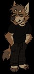 alpha_channel anthro arm_tuft astrayd0g barefoot black_clothing black_shirt black_t-shirt black_topwear bottomwear brown_bottomwear brown_clothing brown_hair brown_nose brown_pants brown_sclera brown_toes canid canine canis circle_eyebrows clothed clothing countershading coyote dawg_(astrayd0g) dingo domestic_dog elbow_tuft eyebrows fangs feet full-length_portrait fully_clothed german_shepherd hair half-closed_eyes hands_in_both_pockets herding_dog hindpaw hybrid jewelry male mammal narrowed_eyes necklace pants pastoral_dog paws portrait shirt simple_background smile solo standing t-shirt tan_body tan_countershading tan_eyebrows tan_inner_ear teeth topwear transparent_background tuft