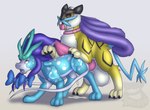 2018 absurd_res accessory ambiguous_gender animal_genitalia animal_penis balls balls_expansion balls_growth big_balls big_penis black_eyes blue_legs bodily_fluids claws collar dipstick_arms dripping duo erection expansion feral from_behind_position fur generation_2_pokemon genital_expansion genital_fluids genitals hair hair_accessory hair_ribbon hi_res hind_legs huge_balls huge_penis hyper hyper_balls hyper_genitalia hyper_penis inflatable_transformation latex latex_transformation leaking_precum legendary_pokemon looking_at_another looking_pleasured looking_up male male/ambiguous mid_transformation motion_lines mounting multicolored_body nintendo open_mouth penis pink_collar pokemon pokemon_(species) posexe precum precum_drip precum_from_penis precum_on_ground purple_hair raikou red_eyes red_sclera ribbons sex shaded simple_background soft_shading spread_legs spreading suicune tail toe_claws tongue tongue_out transformation two_tone_body two_tone_legs watermark white_body white_fur white_sclera yellow_body yellow_fur