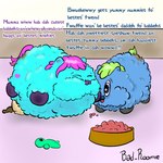 1:1 bad_roomie blonde_hair blue_body blue_fur blueberry_(fluffy_pony) bowl container duo english_text equid equine feces female feral fluffy_pony fluffy_pony_(species) fur hair hi_res kibble male mammal plushie pregnant purple_hair scatplay teats text