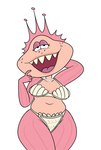 2024 anthro bikini bikini_bottom bikini_top breasts clothing female fish gem hi_res impstripe jewelry kamp_koral:_spongebob's_under_years marine navel necklace nickelodeon open_mouth open_smile pearl_(gem) pearl_necklace pink_body rea_(spongebob_squarepants) simple_background smile smiling_at_viewer solo spongebob_squarepants swimwear two-piece_swimsuit white_background