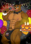 abs absurd_res anthro balloon barely_visible_genitalia barely_visible_penis bear blue_eyes bow_tie brown_body brown_fur bulge cake clothing dessert electronics five_nights_at_freddy's food freddy_(fnaf) fur genitals hi_res humanoid inflatable male mammal microphone muscular muscular_anthro muscular_male nipples pecs penis pubes scott_cawthon scottgames solo sondinker_fazbear's thong underwear