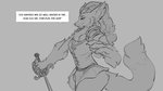 16:9 anthro canid canine canis clothed clothing dialogue digital_drawing_(artwork) digital_media_(artwork) english_text female fur gwen_(sharkrags) hair mammal melee_weapon mob_mentality monochrome mythological_canine mythological_creature mythology simple_background smile solo sword tail text watsup weapon were werecanid werecanine werewolf widescreen wolf