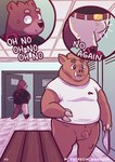 anthro badwagon_(artist) balls blush bottomless clothed clothing comic dialogue dressing duo erection erection_under_clothing foreskin genitals hi_res locker_room male mammal mustelid otter overweight overweight_anthro overweight_male penis suid suina sus_(pig) wally_(badwagon) wild_boar