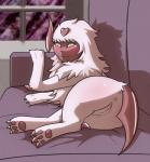 2017 absol anus blush butt canid claws digital_media_(artwork) female feral fur furniture generation_3_pokemon genitals heart_symbol heterochromia hi_res looking_at_viewer mammal nintendo pokemon pokemon_(species) presenting pussy rymherdier smile sofa solo space white_body white_fur