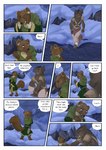 2024 anthro biped bjekkergauken brown_body brown_fur brown_tail clothed clothing colored comic dialogue dialogue_box duo english_text fur green_clothing gulonine hand_on_head herja_(bjekkergauken) hi_res larger_anthro male mammal marten mustelid musteline outside pine_marten scar shirin_(bjekkergauken) size_difference smaller_anthro snow snowing speech_bubble suid suina sus_(pig) tail text wild_boar