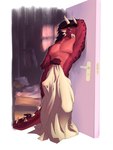 3:4 absurd_res ale anthro doorway dragon genitals hair hi_res horn monkytint mythological_creature mythological_scalie mythology penis red_body scalie solo standing tail towel