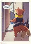 2022 2_tails absurd_res blush bottomless bottomless_male buizel butt close-up clothed clothing comic countershading dialogue door door_handle english_text feral fin fluffy fur furniture generation_4_pokemon genitals hallway hi_res high-angle_view inside looking_at_another looking_at_viewer looking_back male mammal multi_tail mustelid neil_(risenpaw) nintendo offscreen_character orange_body orange_fur playful pokemon pokemon_(species) purple_eyes risenpaw shadow smug solo speech_bubble stairs tail text url walking