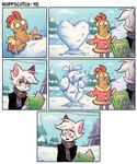 5:6 anthro avian bat bertha_(hoppscotch) biped bird book chicken clothed clothing comic duo female galliform gallus_(genus) heart_(organ) heart_symbol hi_res hoppscotch male mammal multiple_scenes organs phasianid plant rodney_(hoppscotch) sculpture snow tree z-t00n