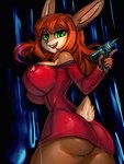 2024 3:4 5_fingers anthro big_breasts breasts brown_body brown_fur bubble_butt butt clothing digital_media_(artwork) female fingers fur general-irrelevant green_eyes gun hair hi_res holding_gun holding_object holding_ranged_weapon holding_weapon lagomorph leporid looking_at_viewer mammal open_mouth rabbit ranged_weapon red_clothing red_hair simple_background smile solo star_trek tail weapon wonderbunny