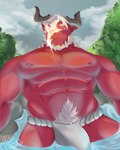 abs absurd_res anthro areola asian_mythology barazoku big_bulge biped bulge demon detailed_background detailed_bulge dragon east_asian_mythology eliolovicos facial_hair fire hi_res horn hot_spring japanese_mythology male male_anthro muscular muscular_anthro muscular_male mythological_creature mythological_scalie mythology nipples oni pecs red_body red_skin scalie solo water yokai