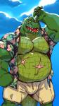 2018 5_fingers alligator alligatorid anthro barnes belly biceps bulge clothed clothing cloud crocodilian facial_scar fingers floral_print male muscular muscular_anthro muscular_male navel open_clothing open_mouth open_shirt open_topwear overweight overweight_anthro overweight_male pecs portrait reptile scalie scar shirt short sky solo taoren three-quarter_portrait topwear