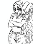 2024 3:4 anthro belt biped bone_frill bottomwear clothing crop_top crossed_arms dark_rya denim denim_bottomwear denim_clothing elbow_feathers eyebrows eyewear fang_(gvh) feathered_wings feathers female frill_(anatomy) front_view goodbye_volcano_high greyscale hair hi_res jeans jewelry long_hair looking_at_viewer markings midriff monochrome navel necklace pants portrait prehistoric_species pterodactylus pterosaur reptile scalie shirt simple_background sketch solo standing striped_markings stripes sunglasses three-quarter_portrait topwear torn_bottomwear torn_clothing torn_pants wearing_sunglasses white_background wings