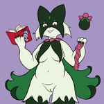 1:1 anthro book breasts condom fangs female fur generation_9_pokemon genitals green_body green_fur hi_res infamousrel looking_at_viewer medium_breasts meowscarada nintendo pokemon pokemon_(species) pussy sexual_barrier_device simple_background smile solo teeth