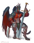 4:5 abs anthro avian beak big_sword big_wings bottomwear clothed clothing feather_hair feathers fur gryphon hair hand_on_leg hi_res holding_melee_weapon holding_object holding_sword holding_weapon loincloth loincloth_only looking_at_viewer male melee_weapon multicolored_body multicolored_feathers multicolored_fur muscular muscular_anthro muscular_male mythological_avian mythological_creature mythology navel nipples pseudo_hair simple_background sitting solo stripes sword tail taran_fiddler topless weapon weregryphon weretober white_background wings