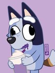 anthro australian_cattle_dog beverage blue_body blue_fur bluey_(series) brain_freeze brown_body brown_fur canid canine canis cattledog container cup dairy_products derp_eyes dm29 domestic_dog drinking_straw female food fur gloves_(marking) grimace_shake herding_dog hi_res mammal markings mcdonald's meme messy_eater milkshake pastoral_dog purple_background simple_background socks_heeler solo whipped_cream young young_anthro