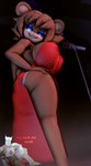 3d_(artwork) anthro bear big_breasts big_butt blue_eyes breasts butt clothed clothing digital_media_(artwork) dress electronics eyeshadow female five_nights_at_freddy's freddy_(fnaf) fredina's_nightclub fredina_(cally3d) hat headgear headwear hi_res huge_breasts looking_down low-angle_view makeup mammal microphone nicholaideus scottgames solo top_hat