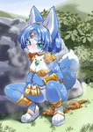 accessory anthro armor blue_body blue_eyes blue_fur bodily_fluids bottomwear bottomwear_aside bra bracers breasts canid canine cleavage clothed clothing clothing_aside crouching dipstick_tail embarrassed featureless_crotch feces female footwear fox fur gem hi_res jewelry krystal_(star_fox) loincloth loincloth_aside mammal markings multicolored_body multicolored_fur nintendo paldrons pooping_on_grass sandals shoes solo star_fox steamy_breath sweat tail tail_markings tribal tribal_markings two_tone_body two_tone_fur underwear unoroute