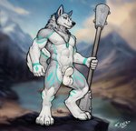 animal_genitalia anthro balls canid canine canis genitals hi_res landscape_background mace male mammal melee_weapon nature nature_background nude outside sheath solo standing sunitai tribal weapon wolf