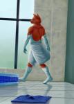 2020 5_fingers absurd_res anthro black_nose bottomwear canid canine canis clothing digital_media_(artwork) fingers fur green_eyes hi_res inside male mammal muscular muscular_anthro muscular_male orange_body orange_fur solo speedo swimming_pool swimming_trunks swimwear tall_lizzard_(artist) towel towel_only walking water white_body white_fur