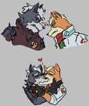 2024 anthro biped black_eyes blush blush_lines canid canine canis countershade_fur countershading duo enemies_to_lovers eye_contact fox fox_mccloud french_kissing fur grey_body grey_fur heart_symbol hi_res kissing looking_at_another male mammal nintendo orange_body orange_fur red_eyes spacenintendogs star_fox white_body white_countershading white_fur wolf wolf_o'donnell