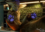 3d_(artwork) anthro c4d cinema_4d_(artwork) coffeefen daytia digital_media_(artwork) feet fluffy fur grass hair hi-tech hi_res lamp male pawpads paws plant pose posed rexouium smile solo tail toes warm_light warm_lighting