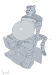 anthro belly big_belly blue_and_white bodily_fluids bottomless clothed clothing cudacore cum cum_drip dripping felid flaccid genital_fluids genitals hi_res kaydex male mammal monochrome navel nipples outie_navel pantherine pecs penis pregnant pregnant_anthro pregnant_male shirt tiger topwear