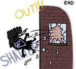 2023 blarf022 blarf_(blarf022) broken_glass broken_window comic defenestration glass hi_res humanoid kicked_out kinx_(blarf022) male not_furry offscreen_character shoe_on_head solo