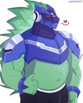 anthro armor belly blue_armor blue_metal breastplate cuffs_(clothing) cybernetic_head cybernetics cyborg extraterrestrial green_body happy heart_symbol machine male musclegut muscular muscular_male omega-xis red_eyes scalie shoulder_armor simple_background solo wartzagon white_background