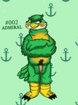 3:4 admiral_(animal_crossing) animal_crossing anthro avian balls belly_hair bird bird_penis body_hair crossed_arms eyebrows feathers genitals green_body grumpy male nintendo onikuma_(artist) rosy_cheeks slightly_chubby slightly_chubby_male solo tail tail_feathers unibrow