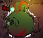 2024 anthro arristheround artist_name expansion fur green_body green_fur green_hair hair hi_res hose hose_in_butt hose_inflation hyper implied_popping inflation lock mammal mephitid motion_lines onomatopoeia red_body red_fur skunk sound_effects spherical_inflation spikes text timer_display vorchitect