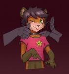 2019 ailurid anthro black_hair blep brown_body brown_fur clothing collar digital_media_(artwork) fur gesture gold_star green_eyes group hair hand_gesture hand_on_shoulder hi_res looking_at_viewer male mammal one_eye_closed orange_body orange_fur red_panda shirt simple_background solo_focus standing star t-shirt text text_on_clothing text_on_shirt text_on_topwear thumbs_up tongue tongue_out topwear twang wink