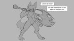 16:9 2020 5_fingers anthro axe breasts canid dialogue digital_drawing_(artwork) digital_media_(artwork) digitigrade english_text female fingers fur genitals grey_background hair holding_axe holding_object holding_weapon mammal monochrome nipples nude pussy simple_background smile solo standing text watsup weapon weapon_on_shoulder widescreen