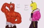 2023 abs absurd_res bell_pepper biceps biped bottomwear butt clothed clothing digital_media_(artwork) duo elemental_creature elemental_humanoid english_text eyebrows flora_fauna food food_creature food_humanoid fruit fruit_humanoid hi_res humanoid kogito living_fruit male muscular muscular_humanoid muscular_male nipples not_furry open_mouth open_smile pants pecs pepper_(fruit) plant plant_humanoid red_body shirt simple_background smile standing sweater teeth text topless topwear yellow_body