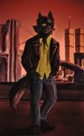 1998 anthro black_body black_fur bottomwear bridge building canid canine canis city city_background clothing danny_(wolfy) dante_timberwolf denim denim_bottomwear denim_clothing detailed_background fur green_clothing green_shirt green_topwear hand_in_pocket hi_res jacket jeans leather leather_clothing leather_jacket leather_topwear male mammal new_york_city pants pockets shirt skyscraper solo standing sunset topwear wolf