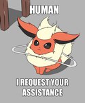 2020 ambiguous_gender black_nose clothes_hanger eeveelution english_text feral flareon fur generation_1_pokemon grey_background human_i_request_your_assistance_(meme) icon image_macro impact_(font) kannayuu meme multicolored_body multicolored_fur nintendo orange_body orange_ears orange_fur pokemon pokemon_(species) quadruped reaction_image redraw signature simple_background sitting solo text white_text